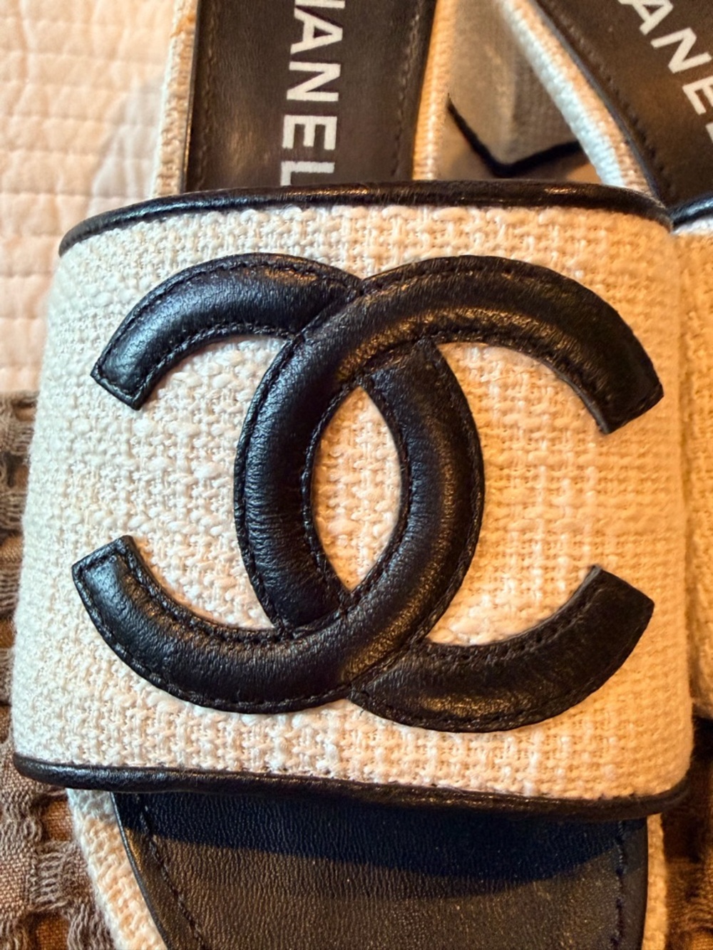 CHANEL Women's Off White and Black Slide Sandals - Picture 7 of 10